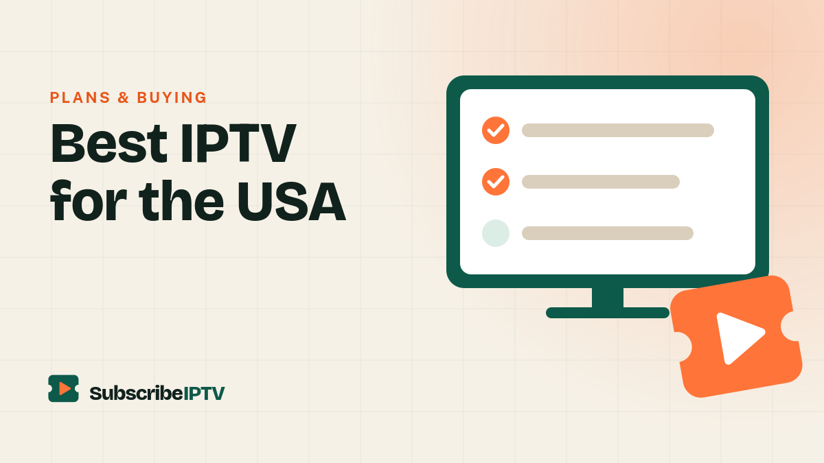 Illustration of a TV showing a checklist next to a ticket, for choosing the best IPTV service in the USA