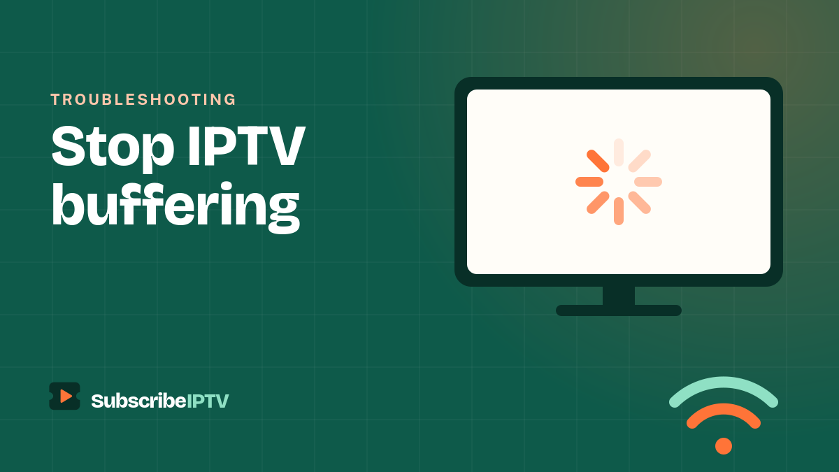 Illustration of a TV with a loading spinner and a Wi-Fi signal, representing IPTV buffering