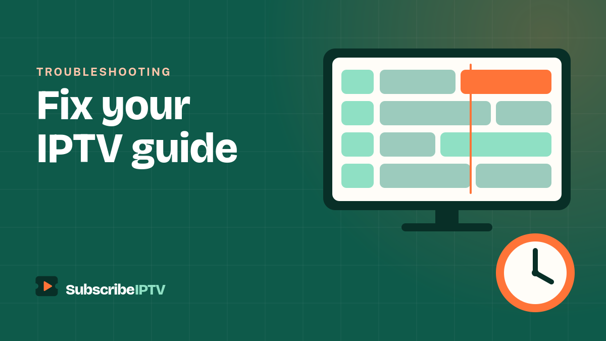 Illustration of a TV guide grid on screen with a clock