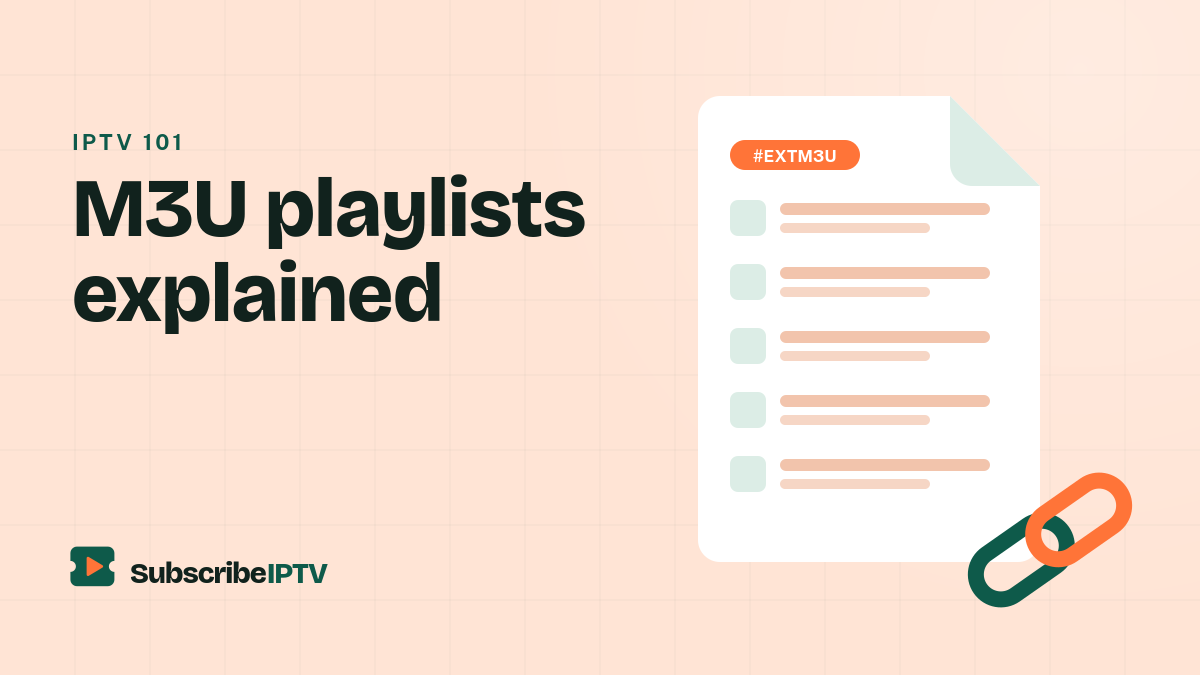 Illustration of an M3U playlist file with channel entries and a link icon
